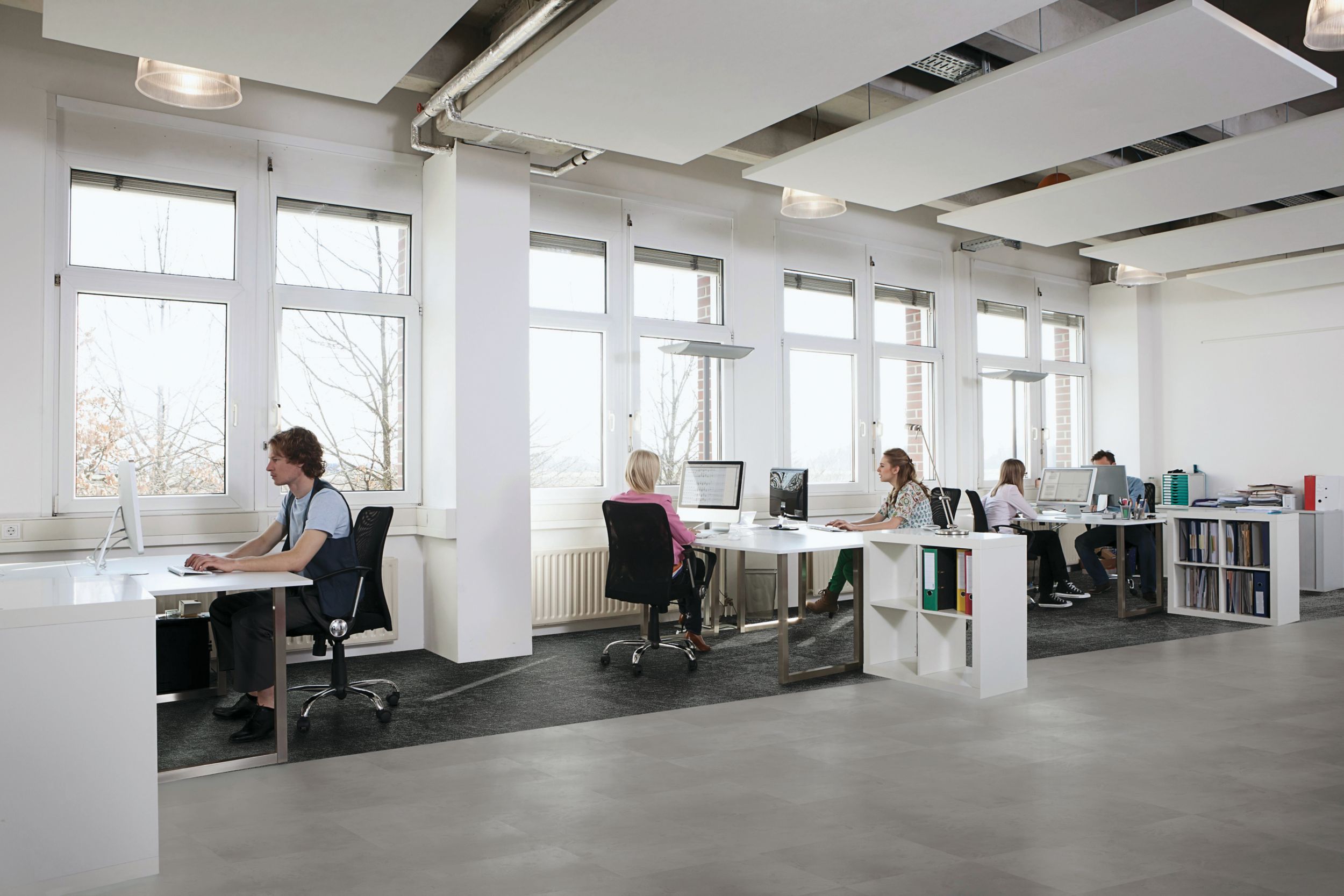 Interface Steady Stride Concretes LVT and Ice Breaker carpet tile in office workspace with cubicles image number 8